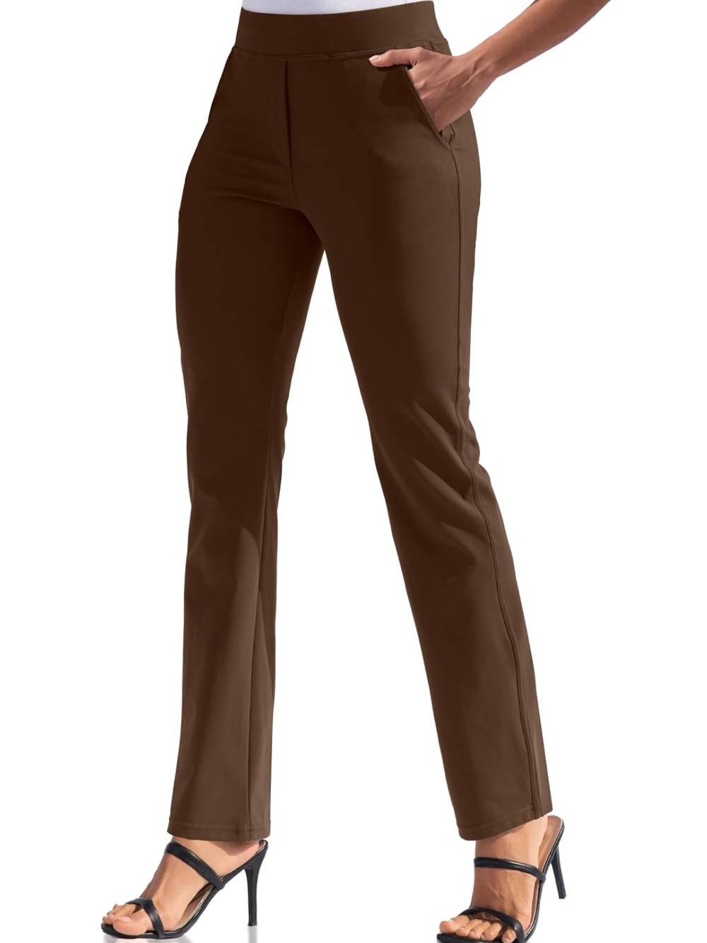 VOOVEEYA Women's Yoga Straight Leg Pants with Pockets High Waisted Brown. Size L